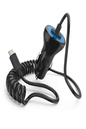 TP-216 Car charger with LED and captive Micro USB plug coiled cable